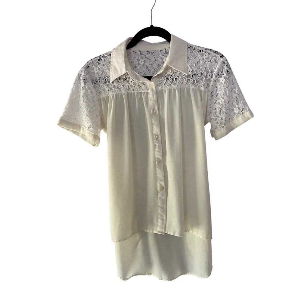 Vintage Romantic‎ Lace Yoke Button Down Blouse Size S Cream Tie Back Bridgerton - Picture 5 of 10